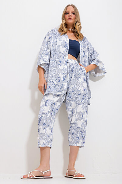 Trend Alaçatı Stili Női indigó mintás kimonó dzseki és nadrág vászon alsó felső szett Alc-X11752