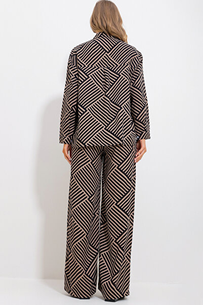 Trend Alaçatı Stili Dámská pískově béžovo-černá košile a kalhoty s tkaným spodním dílem Alc-X11748