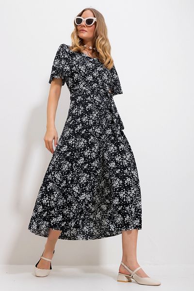 Trend Alaçatı Stili Women's Black Floral Patterned Buttoned Midiboy Dress ALC-X11785