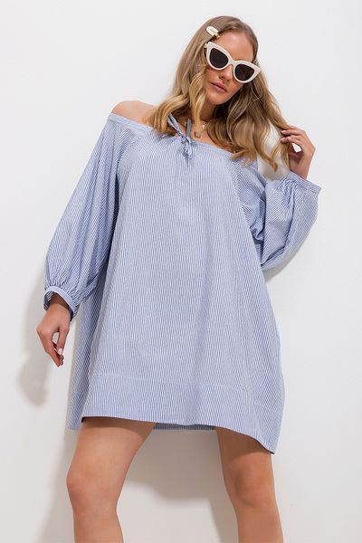 Trend Alaçatı Stili Women's Blue Wide Collar Striped Collar Tied Woven Dress Alc-X11712