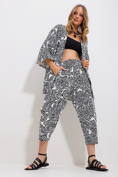 Trend Alaçatı Stili Women's Black Patterned Kimono Jacket and Pants Linen Woven Bottom Top Suit Alc-X11752