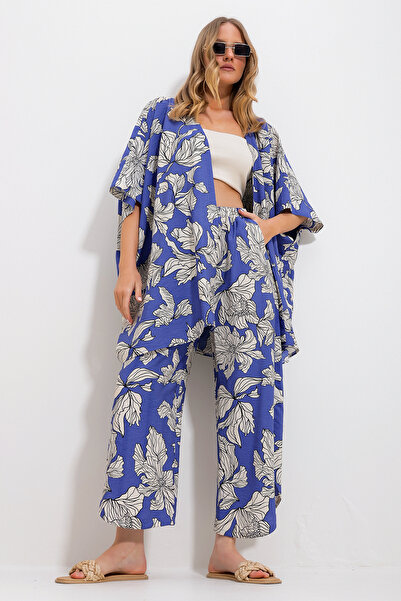 Trend Alaçatı Stili Blaue Palazzo-Hose für Damen und gemusterter gewebter Viskose-Kimono-Set Alc-X11707