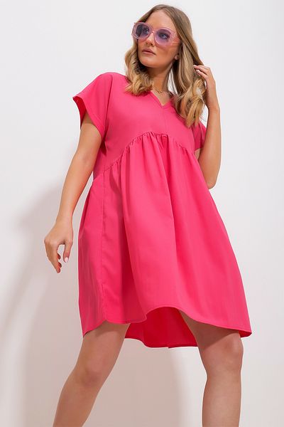 Trend Alaçatı Stili Rochie de damă, fucsia, cu decolteu în V, cu mâneci duble, țesute cu volan Alc-X11731