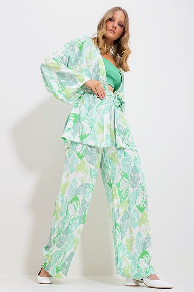 Trend Alaçatı Stili Grünes Set aus Kimonojacke und Palazzo-Hose für Damen Alc-X11750