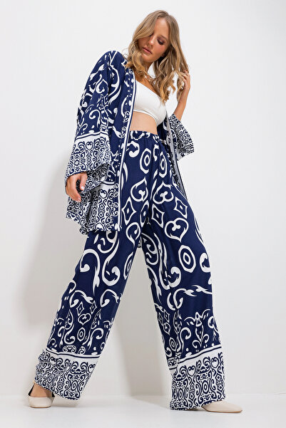 Trend Alaçatı Stili Női sötétkék kimonó dzseki és Palazzo nadrág szett Alc-X11751