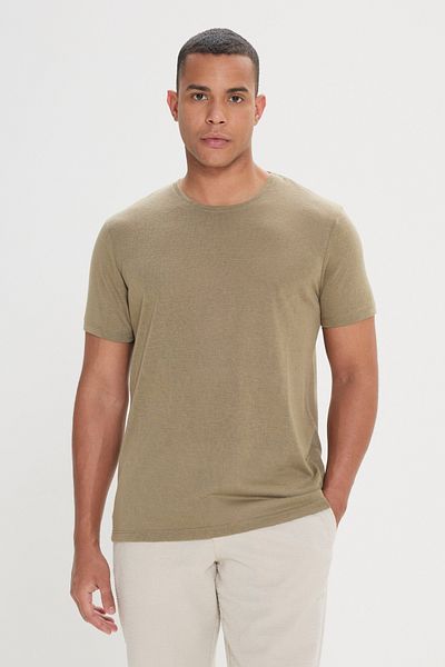 ALTINYILDIZ CLASSICS Pánské khaki triko Slim Fit Slim Fit Crew Neck Linen Look