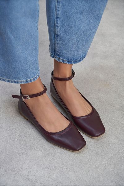 NİŞANTAŞI SHOES Kendra Claret Red Genuine Leather Belt Detailed Ankle Strap Women's Ballerinas
