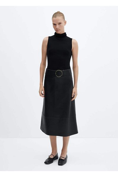 MANGO Woman Leather Look Belted Midi Skirt
