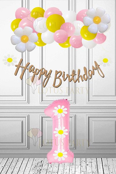 LOTUS PARTY 1 Year Old Birthday Party Set - Daisies Themed, Pink Figure Foil Balloon and Daisy Foil Balloon
