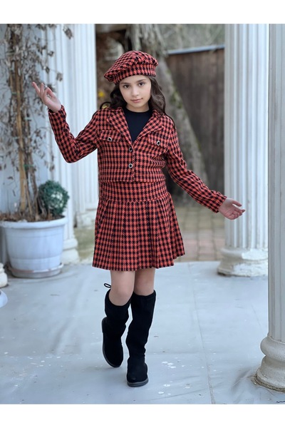 Bisahane Girl's Houndstooth Skirt Jacket Badi Hat Set 5 Pieces Holiday