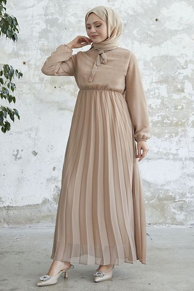 InStyle Φόρεμα σιφόν πλισέ Limelda - Milk Brown