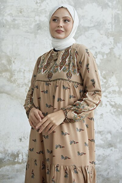 InStyle Patterned Viscose Dress with Tie Collar - Beige