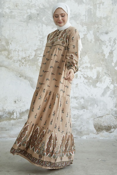 InStyle Patterned Viscose Dress with Tie Collar - Beige