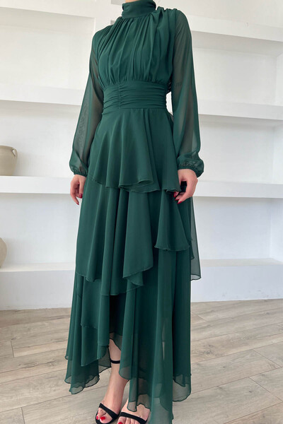 Seda Yalçın Atelier Emerald Green Turtleneck Dress with Drape Detail