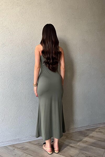 Seda Yalçın Atelier Μίντι φόρεμα με λαιμόκοψη χακί μηδενικό μανίκι