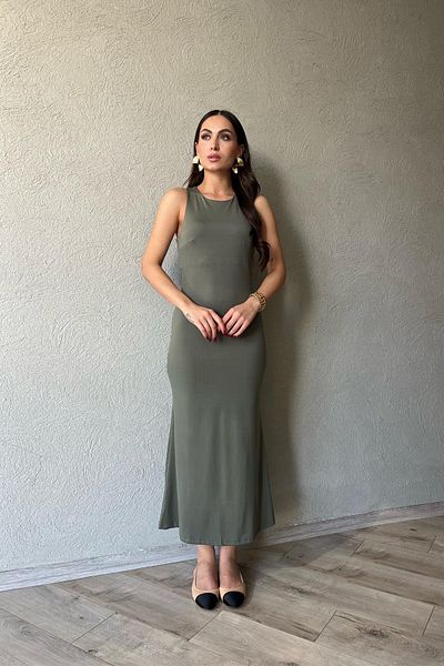 Seda Yalçın Atelier Khaki Zero Sleeve Crew Neck Midi Dress