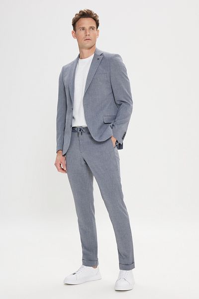 ALTINYILDIZ CLASSICS Men's Gray Slim Fit Slim Fit Mono Collar Tie Waist Seersucker Patterned Suit