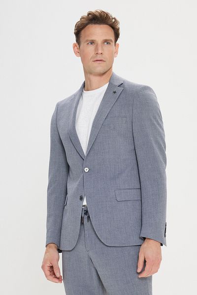 ALTINYILDIZ CLASSICS Men's Gray Slim Fit Slim Fit Mono Collar Tie Waist Seersucker Patterned Suit