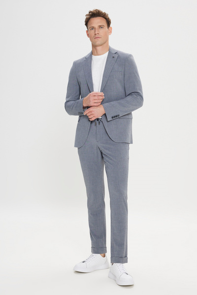 ALTINYILDIZ CLASSICS Erkek Gri Slim Fit Dar Kesim Mono Yaka Beli Bağlamalı Gofre Desenli Takım Elbise