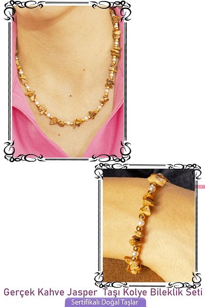 Tesbih Atölyesi Certified Brown Jasper Stone Natural Stone Necklace Bracelet Set with Pearls