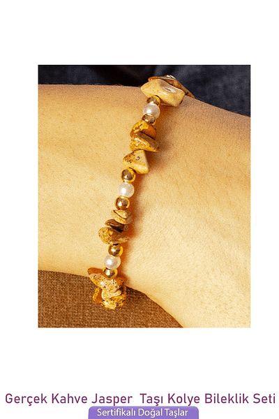 Tesbih Atölyesi Certified Brown Jasper Stone Natural Stone Necklace Bracelet Set with Pearls