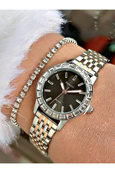 Ferrucci Gümüş Rosegold Renk Taşlı Klasik Çelik Kordon Kadın Kol Saati Bileklik