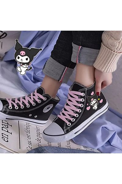 Touz Moda Unisex Black Canvas Shoes - Kuromi Printed, Pink Laces