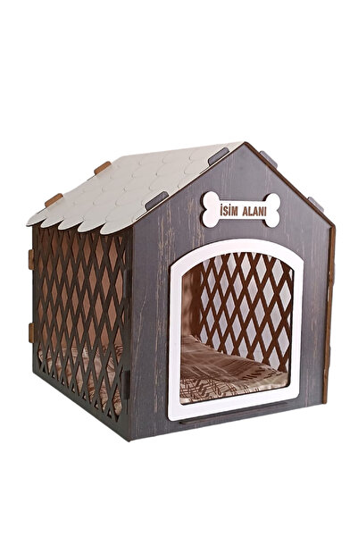 HOBİCİM Süper Set Ahşap Desenli Köpek Evi-kulübesi Minder Ve Zincir Tasma Hediyeli (beyaz-rebab)