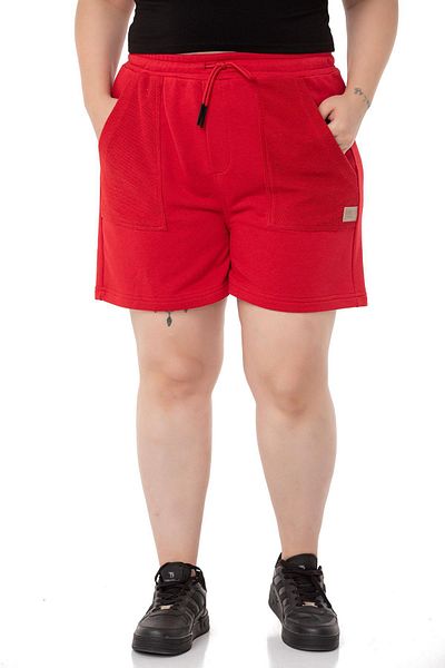 DISENTIS MODEST Large Size Garnished Three Thread Pocket Red Shorts with Elastic Waist and Tie Detail