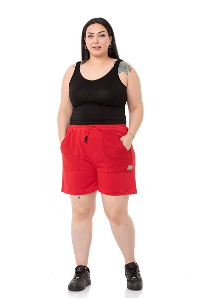DISENTIS MODEST Large Size Garnished Three Thread Pocket Red Shorts with Elastic Waist and Tie Detail