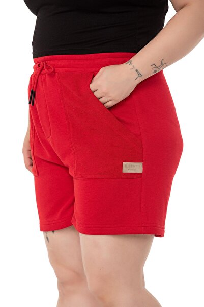 DISENTIS MODEST Large Size Garnished Three Thread Pocket Red Shorts with Elastic Waist and Tie Detail