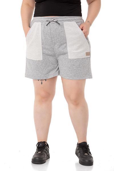 DISENTIS MODEST Large Size Garnished Three Thread Pocket Gray Melange Shorts with Elastic Waist and Tie Detail