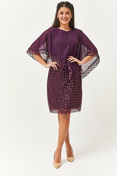 Ebsumu Kadın Büyük Beden Şifon Detay Payet Desenli Mor Abiye & Davet Elbisesi