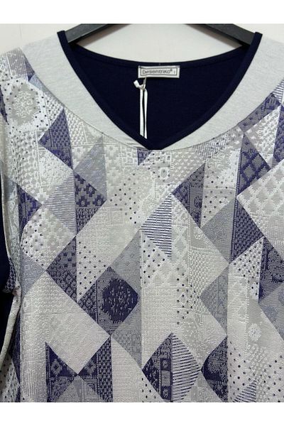 Desen Triko V-Neck Three Quarter Sleeve Geometric Detail Combed Cotton Blouse