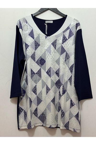 Desen Triko V-Neck Three Quarter Sleeve Geometric Detail Combed Cotton Blouse