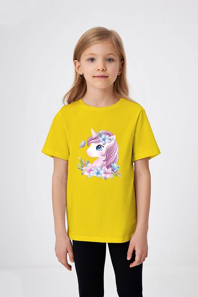 ADABEBEK Flower Detailed Unicorn Printed Girl's T-Shirt