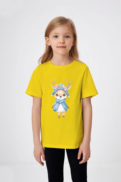 ADABEBEK Cute Baby Deer Patterned Girl's T-Shirt with Hat