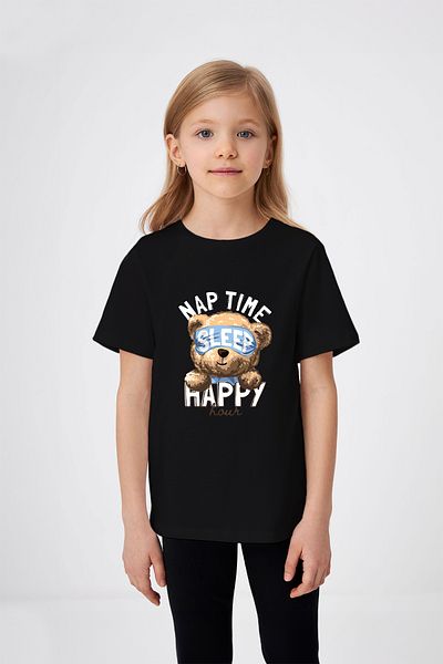 ADABEBEK Sleep Clock Bear Printed Girl's T-Shirt
