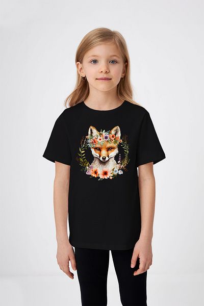 ADABEBEK Tricou drăguț pentru fetiță, cu model de vulpe, cu detaliu de coroană
