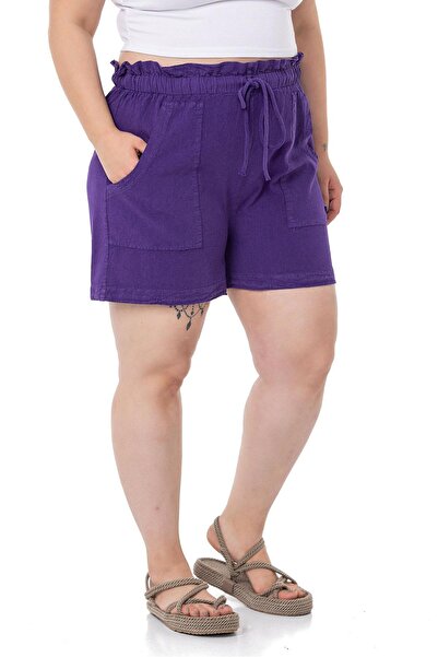 DISENTIS MODEST Plus Size Piece Painted Pockets Elastic Waist and Rope Drawstring Relaxed Fit Purple Shorts