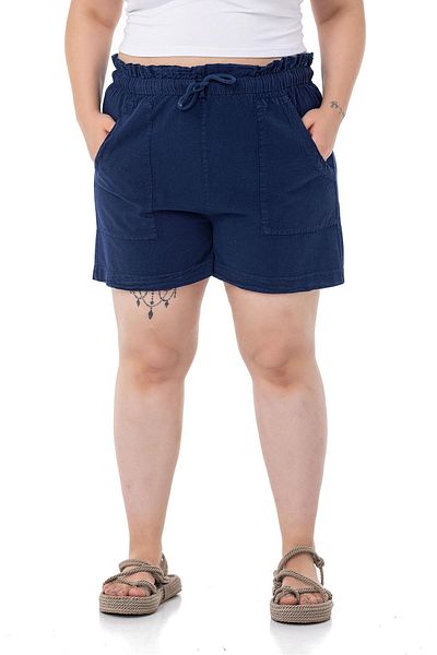 DISENTIS MODEST Plus Size Piece Painted Pocketed Elastic Waist and Rope Drawstring Relaxed Fit Navy Blue Shorts