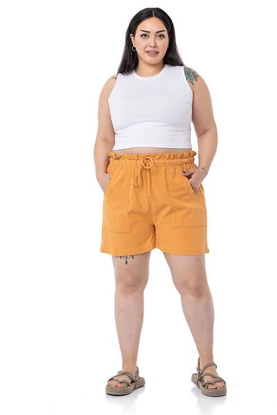 DISENTIS MODEST Plus Size Piece Painted Pockets Elastic Waist and Rope Drawstring Comfortable Cut Cinnamon Shorts