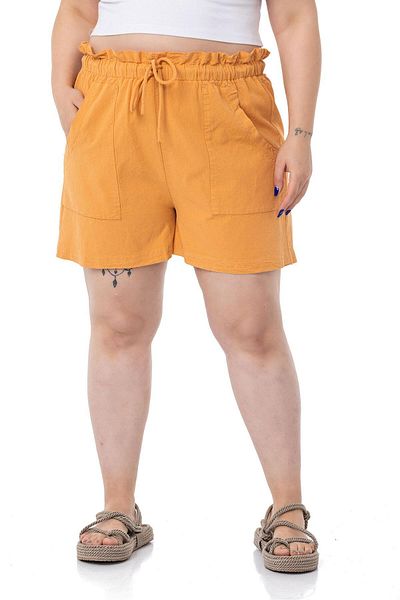 DISENTIS MODEST Plus Size Piece Painted Pockets Elastic Waist and Rope Drawstring Comfortable Cut Cinnamon Shorts