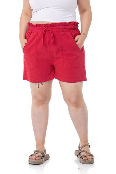 DISENTIS MODEST Plus Size Piece Painted Pockets Elastic Waist and Rope Drawstring Relaxed Cut Red Shorts