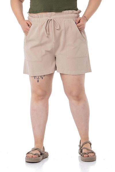 DISENTIS MODEST Plus Size Piece Dyed Pocketed Elastic Waist and Rope Drawstring Relaxed Fit Beige Shorts