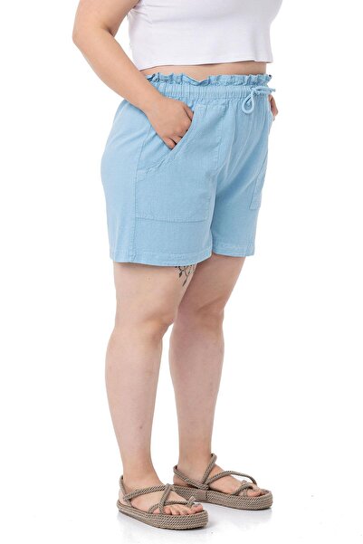 DISENTIS MODEST Plus Size Piece Painted Pockets Elastic Waist and Rope Drawstring Relaxed Fit Blue Shorts