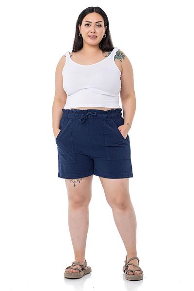 DISENTIS MODEST Plus Size Piece Painted Pocketed Elastic Waist and Rope Drawstring Relaxed Fit Navy Blue Shorts