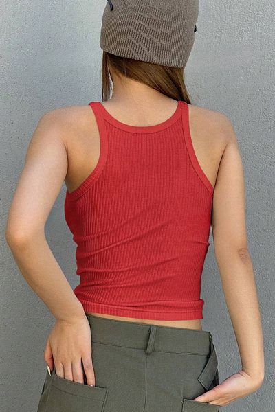 MADALİNA Women's Red Thin Strap Crop Tank Top - Camisole Fabric