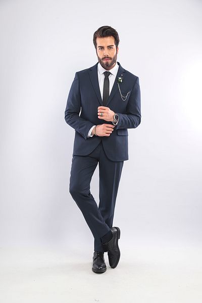 BS BLACK SMOKİN Men's Navy Blue Slim Fit Mono Collar Straight Suit (with Gift)