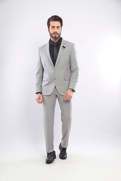 BS BLACK SMOKİN Men's Gray Slim Fit Mono Collar Straight Suit